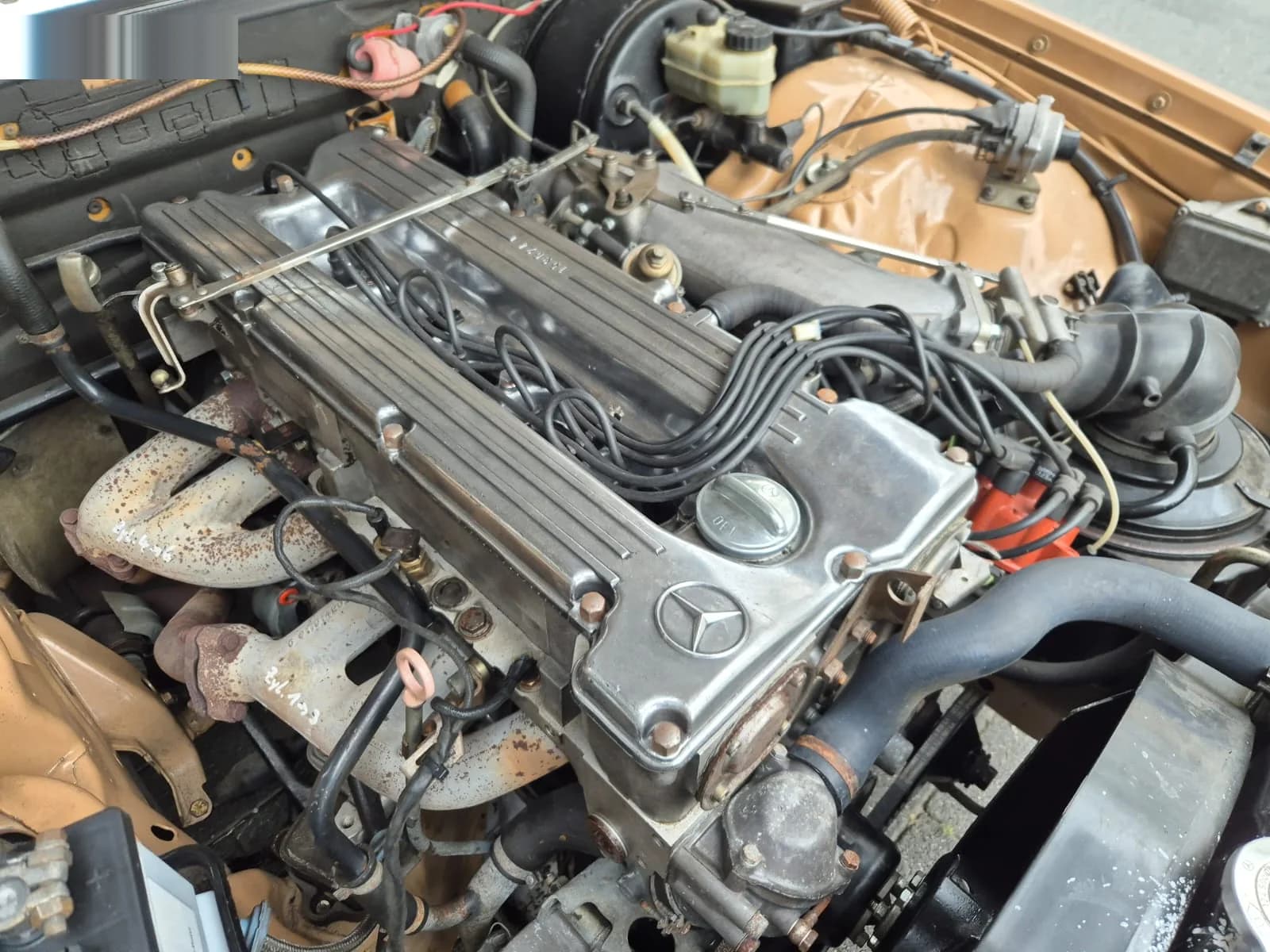 Motorraum eines klassischen Mercedes bei der Fahrzeugbewertung